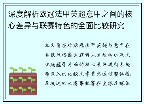 深度解析欧冠法甲英超意甲之间的核心差异与联赛特色的全面比较研究