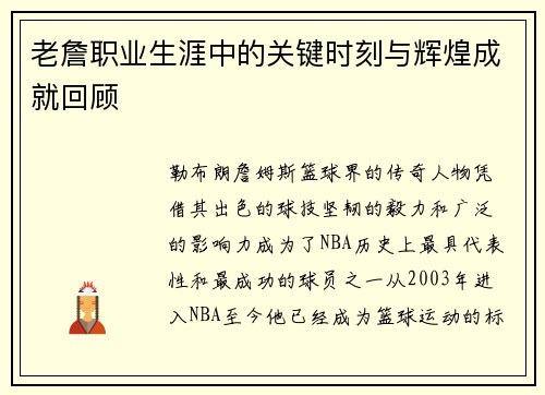 老詹职业生涯中的关键时刻与辉煌成就回顾