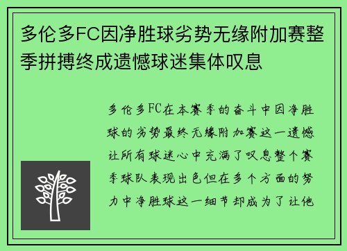 多伦多FC因净胜球劣势无缘附加赛整季拼搏终成遗憾球迷集体叹息